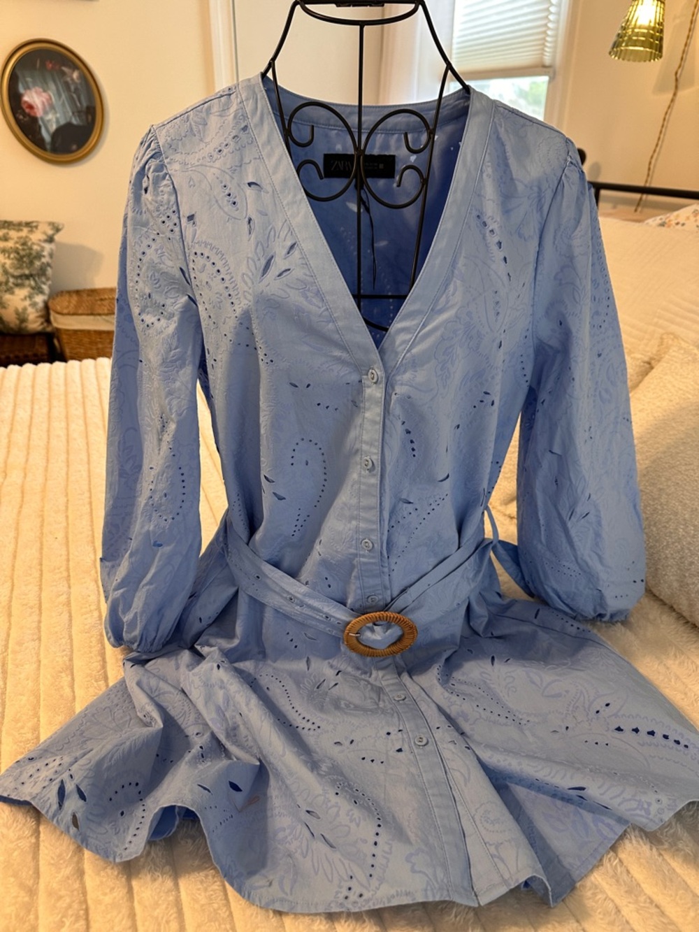 ZARA Pale Blue V-Neck Eyelet Mini Dress with Belt Western Country - Picture 3 of 9